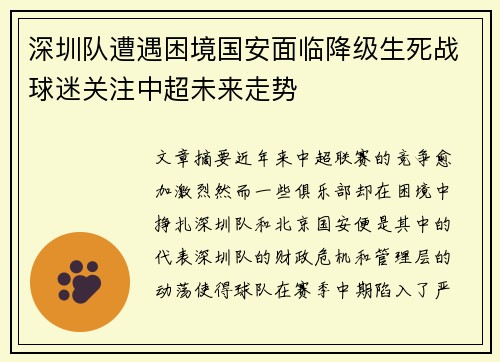 深圳队遭遇困境国安面临降级生死战球迷关注中超未来走势